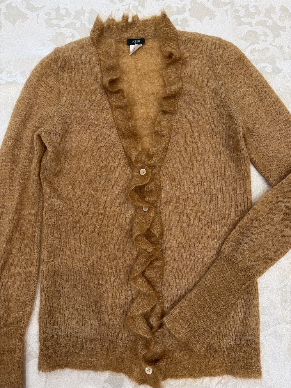 J. Crew Ruffle-Trim Mohair Cardigan in Camel Brown